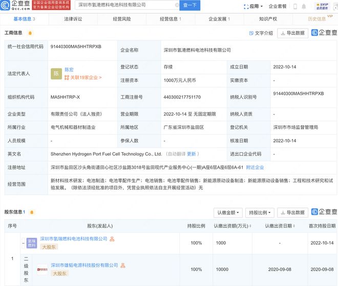 雄韬股份于深圳投资设立燃料电池科技新公司